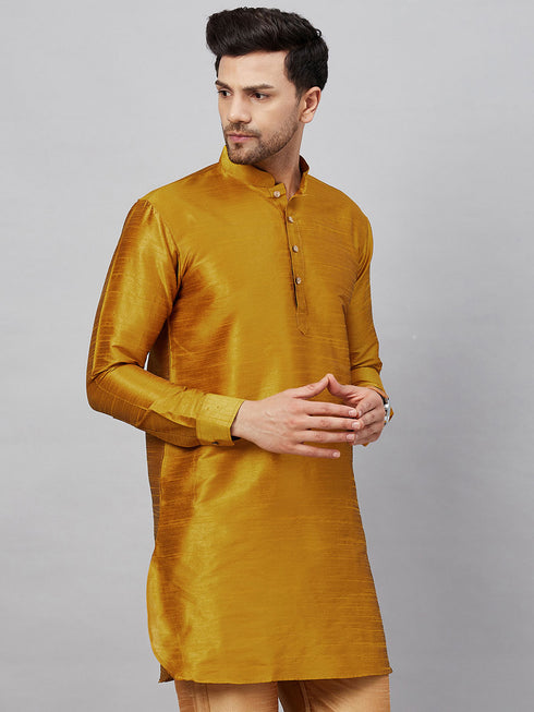 VASTRAMAY Men's Yellow Silk Blend Curved Kurta